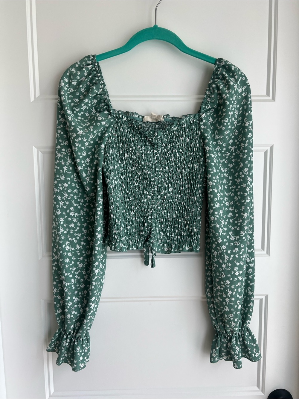 Green Floral Smocked Square-Neck Blouse